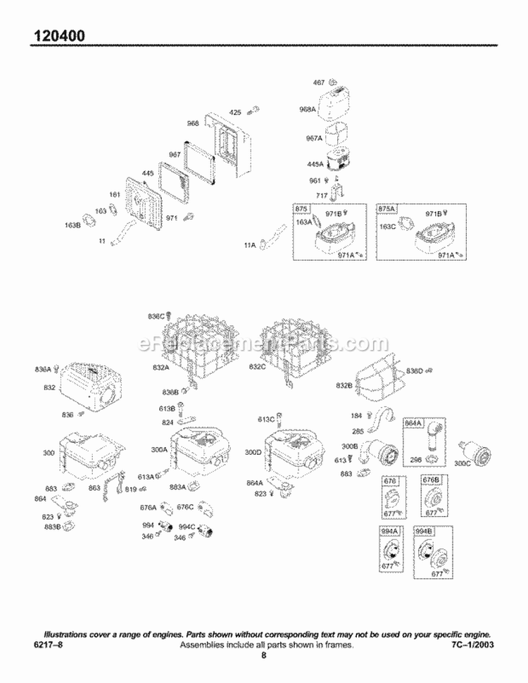 Air Cleaner Groups Muffler Diagram and Parts List for  Briggs and Stratton Engine